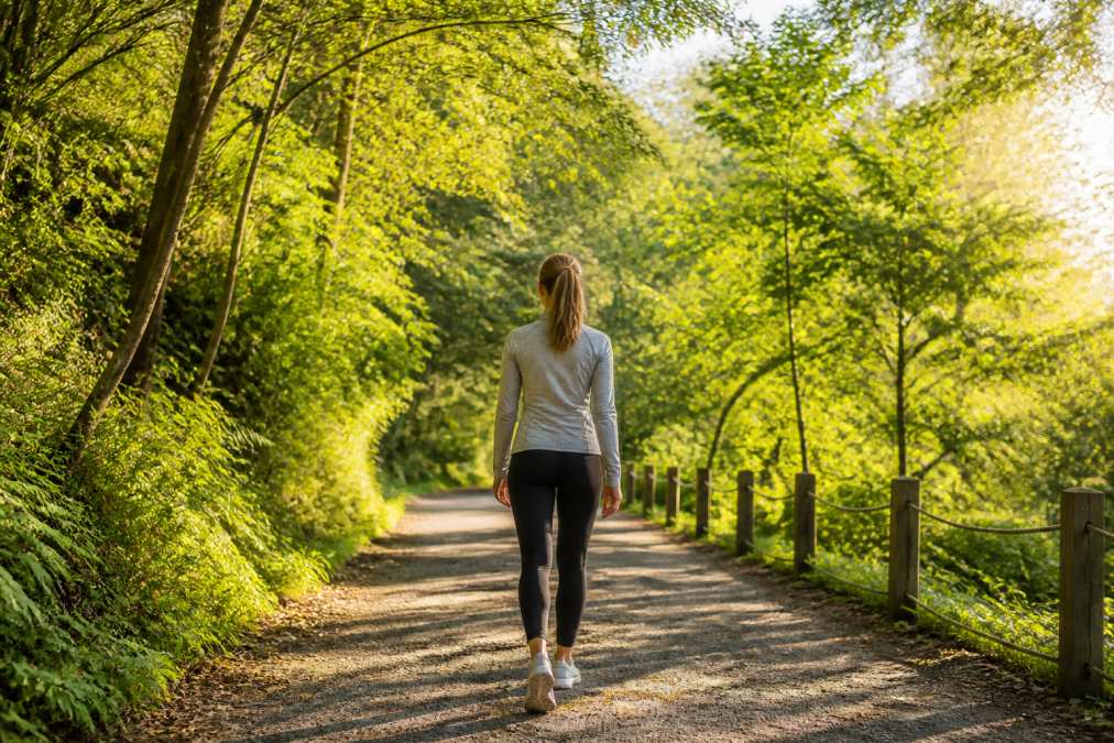 Person walking outdoors on a tree-lined path during morning light, maintaining relaxed posture with natural stride, surrounded by green foliage