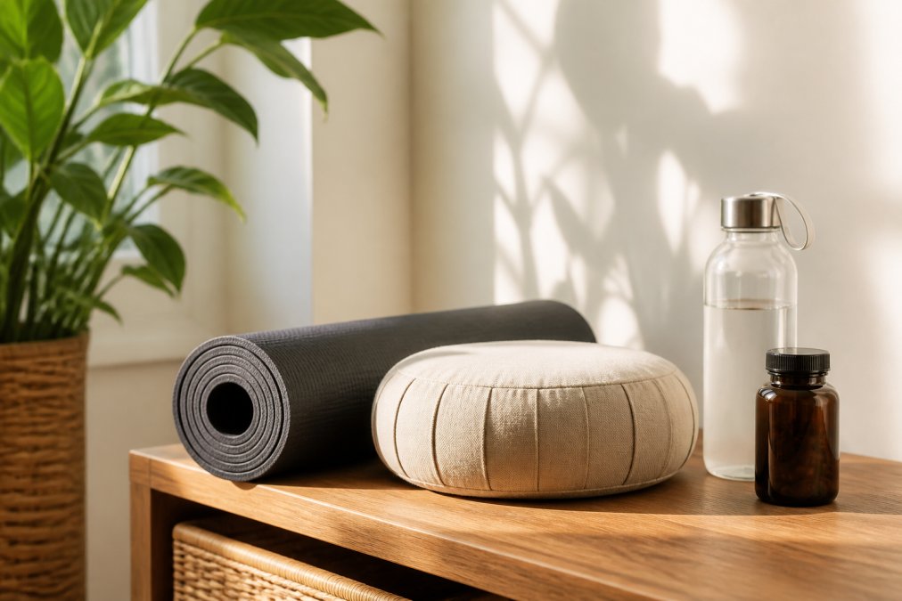 Home workout space with rolled yoga mat, meditation cushion, water bottle, and focus supplement bottle arranged on a natural wood side table in bright morning light, minimalist and organized