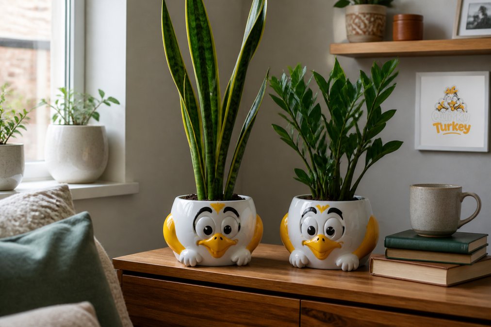 A cosy apartment corner with a snake plant and ZZ plant in quirky character planters on a wooden sideboard, soft natural light from a nearby window, books and a mug nearby