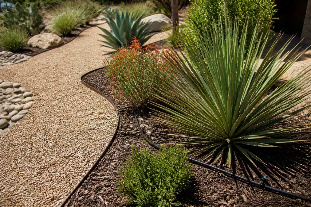 A landscaped backyard with native Texas plants, gravel pathways, and a drip irrigation line visible near the base of drought-tolerant perennials under bright sunlight