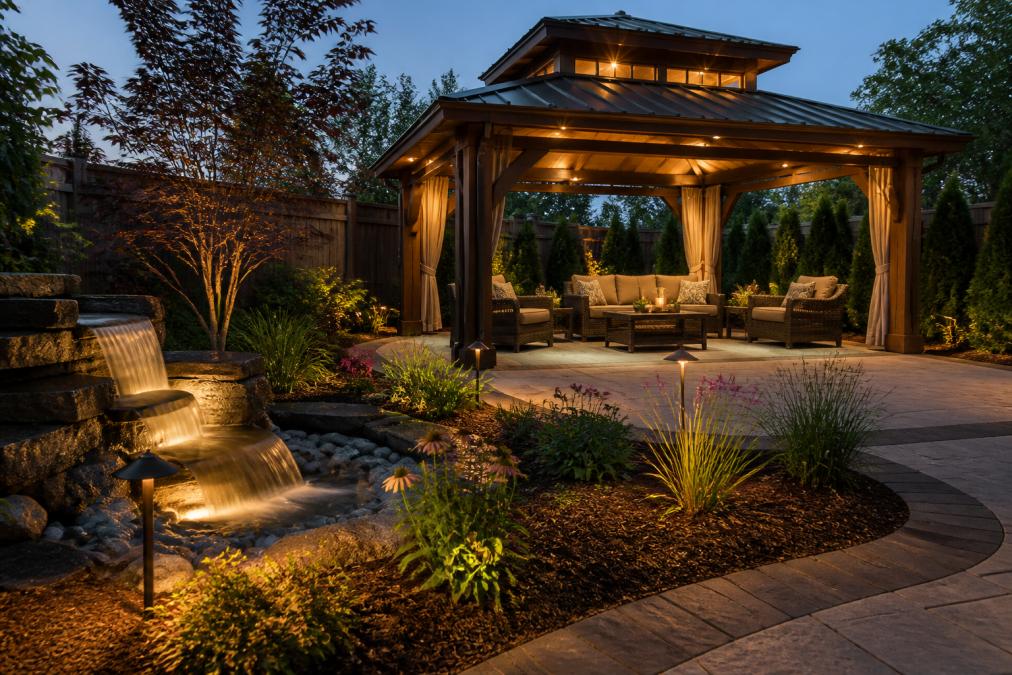 Professional backyard patio at dusk featuring a wooden gazebo with double metal roof, comfortable outdoor furniture with cushions, cascading water fountain with LED lighting, and solar landscape lighting illuminating garden beds with native plants and mulch