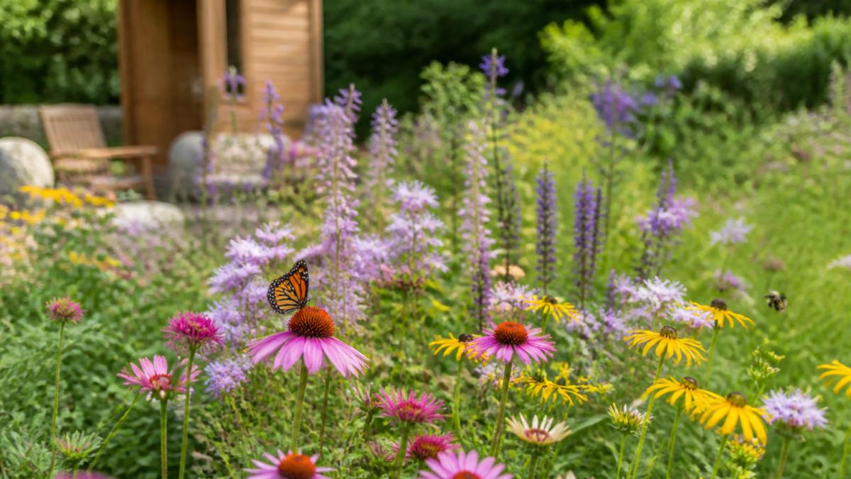 A vibrant pollinator garden in full bloom with native wildflowers, butterflies, and bees visiting colorful blooms, showing layered perennials and natural planting design