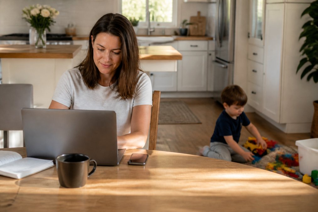 A parent working on a laptop at a kitchen table while a young child plays with toys nearby, warm natural light, candid and relaxed atmosphere