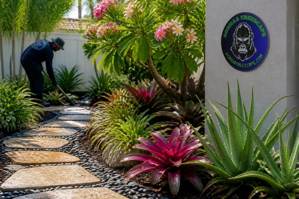Bromeliads, plumeria, and aloe vera along a stone path in a sunny backyard filled with exotic garden plants.