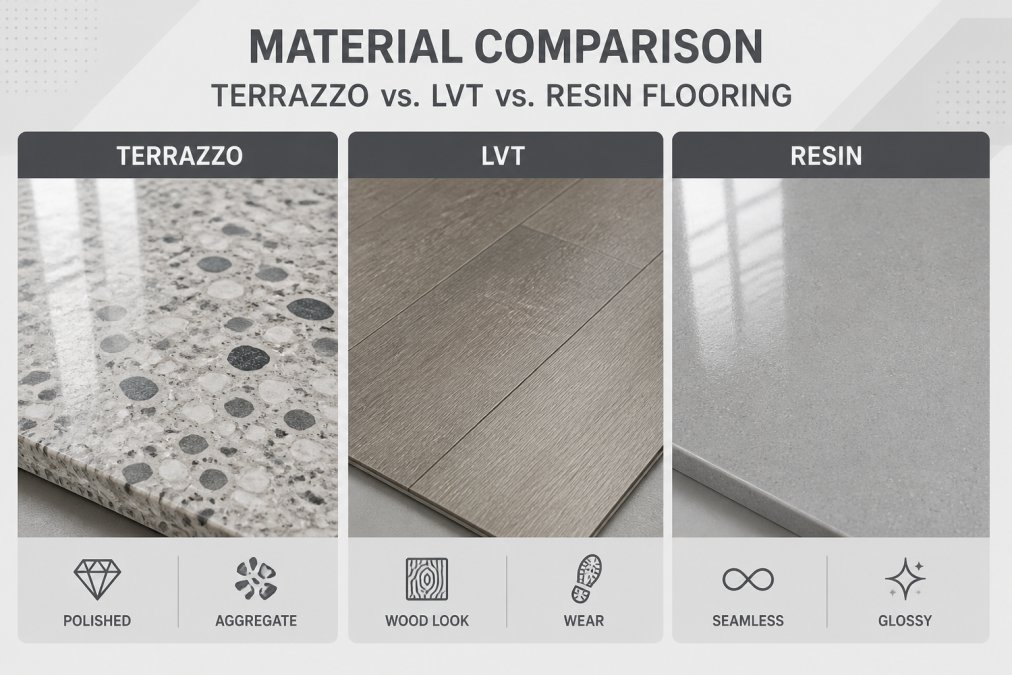 Close-up of three different flooring samples side by side on a neutral surface, terrazzo with visible marble and granite aggregate showing polished finish, luxury vinyl tile with wood-grain pattern and subtle wear marks, and seamless resin surface with uniform color and glossy finish, demonstrating texture and visual differences in natural daylight
