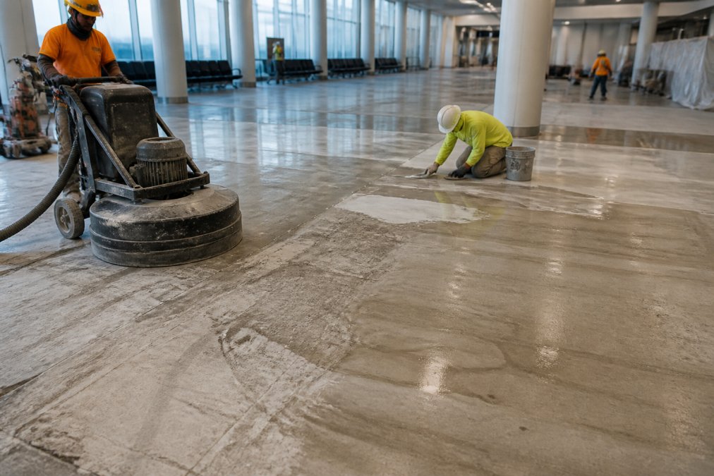 Airport terminal floor during renovation showing workers preparing the concrete sub-floor with grinding equipment and moisture barrier application, with exposed concrete and preparation materials visible under industrial lighting