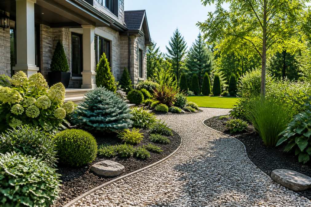 A beautifully landscaped front yard featuring gravel pathways, lush evergreen shrubs, and decorative mulched garden beds with no visible weeds, photographed in bright afternoon sunlight