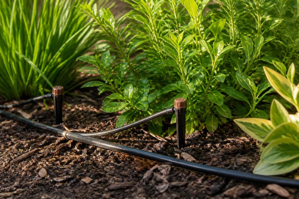 Close-up of drip irrigation emitters installed at the base of green plants in a well-maintained garden bed, with visible tubing running along the soil surface in warm afternoon light
