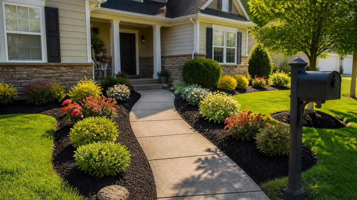 A tidy front yard with neat flower beds, fresh dark mulch, and a clean concrete walkway leading to the door, a For Sale sign planted near the mailbox, bright afternoon sunlight