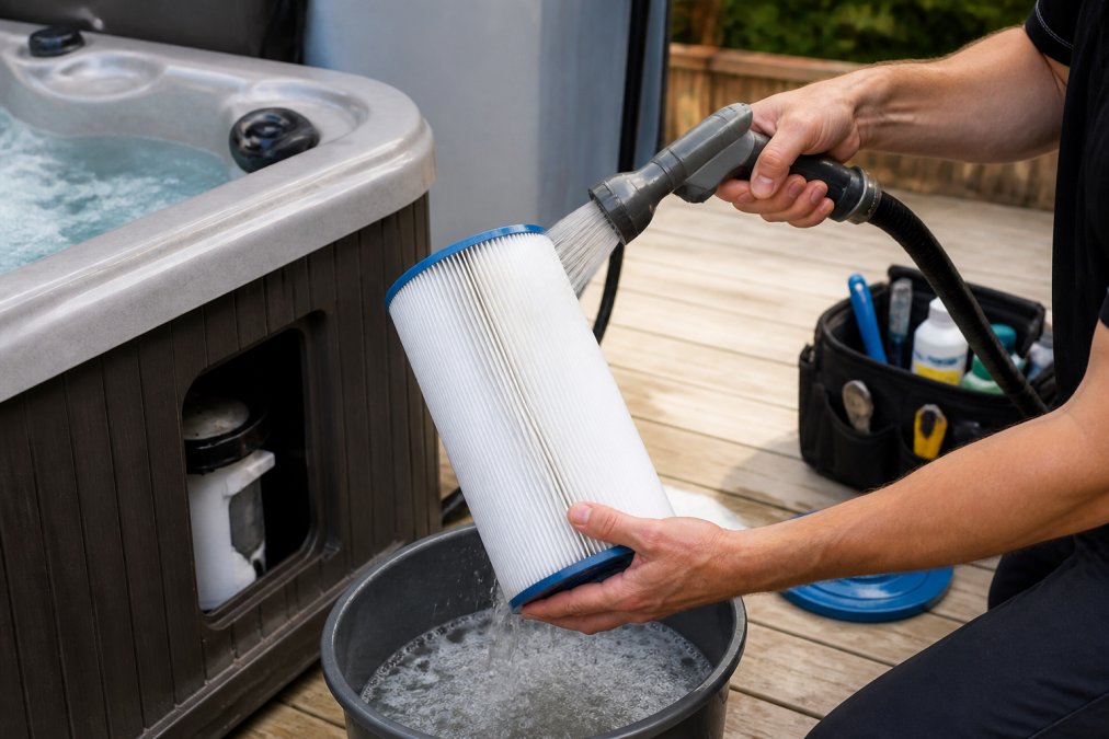 Hands removing a white pleated filter cartridge from a hot tub housing, holding it over a bucket of water, with spray nozzle rinsing away debris under clear daylight