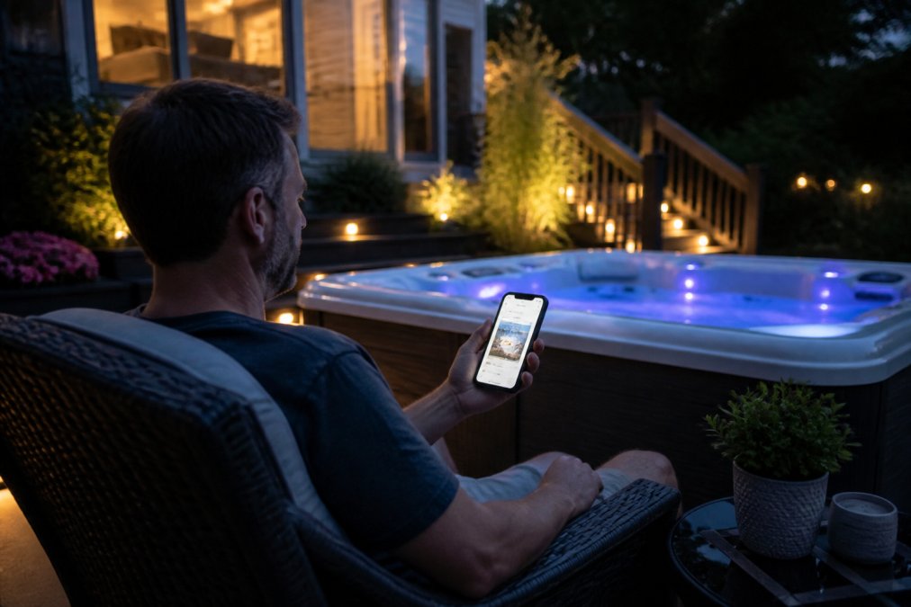 Homeowner in casual attire holding a smartphone showing hot tub app interface while sitting in a lounge chair beside an illuminated hot tub at dusk, with smart home technology visible