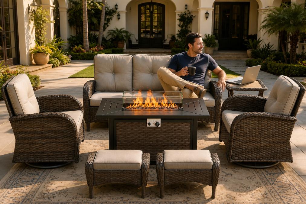 Professional in casual attire relaxing on a modern deep-seating sectional in an outdoor patio setting, with a laptop and coffee cup on a side table, late afternoon golden lighting