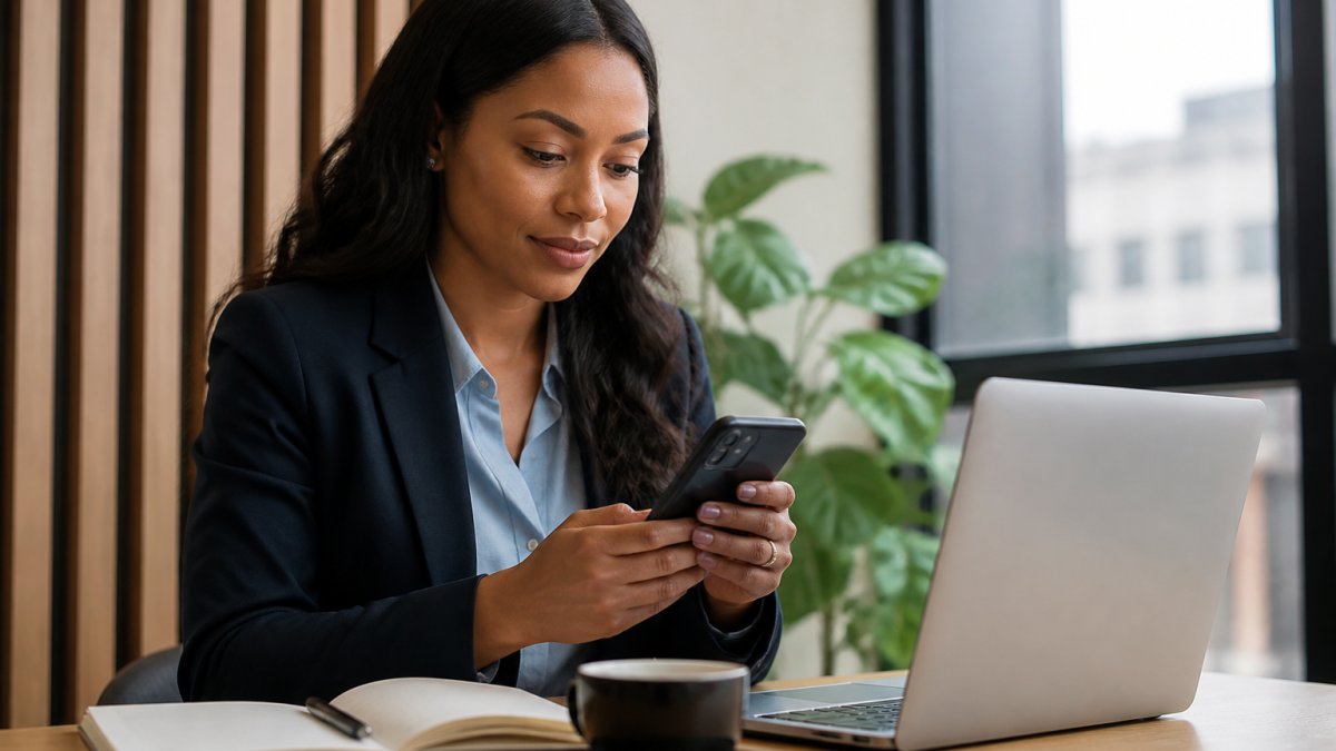Professional woman checking her phone while working on low maintenance side hustles at a sunny office desk