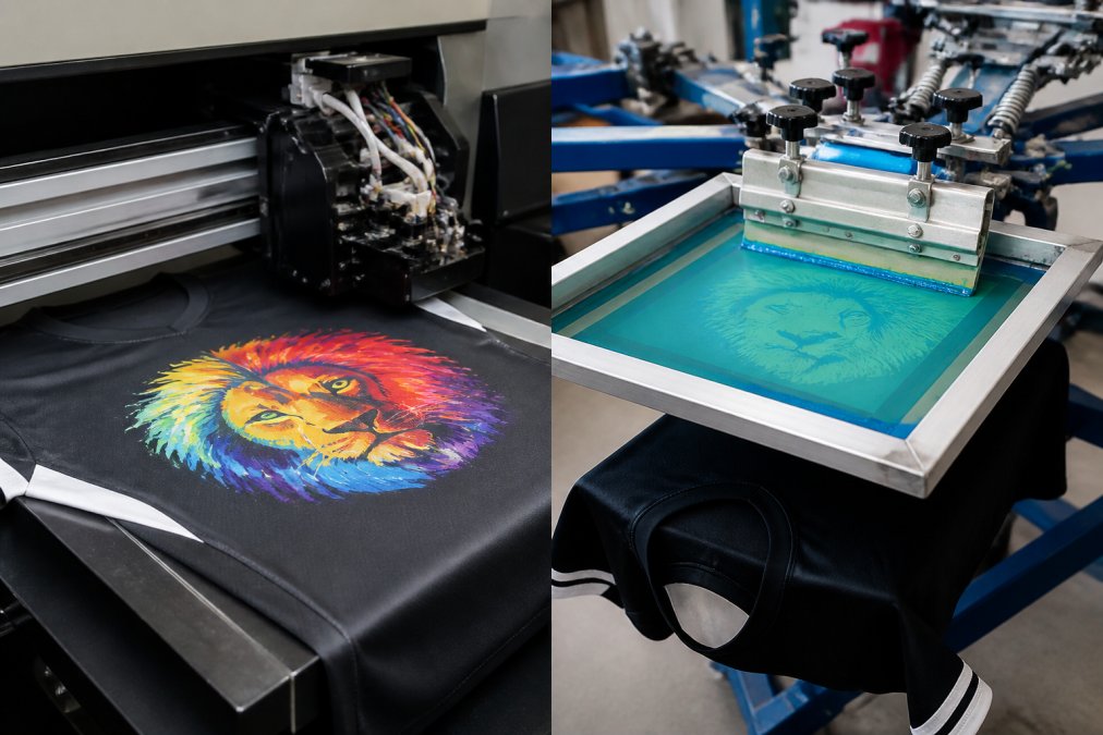 Close-up of a digital printer head applying a full-color logo onto a dark athletic jersey, with the fabric stretched flat on the platen