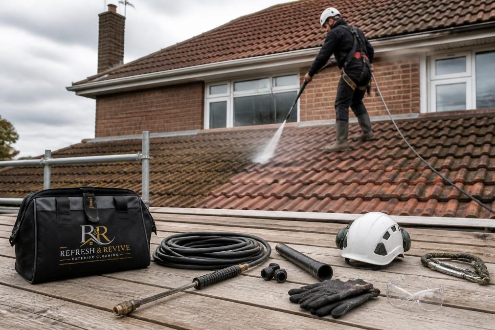 Professional technician performing low-pressure roof cleaning on moss-covered clay tiles using controlled spray nozzle and protective equipment, with clear safety harness visible