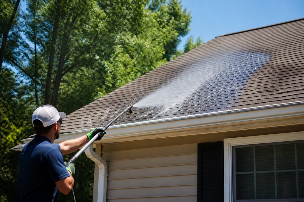 Professional contractor spraying roof from ground level with low-pressure equipment, demonstrating safe cleaning technique without climbing