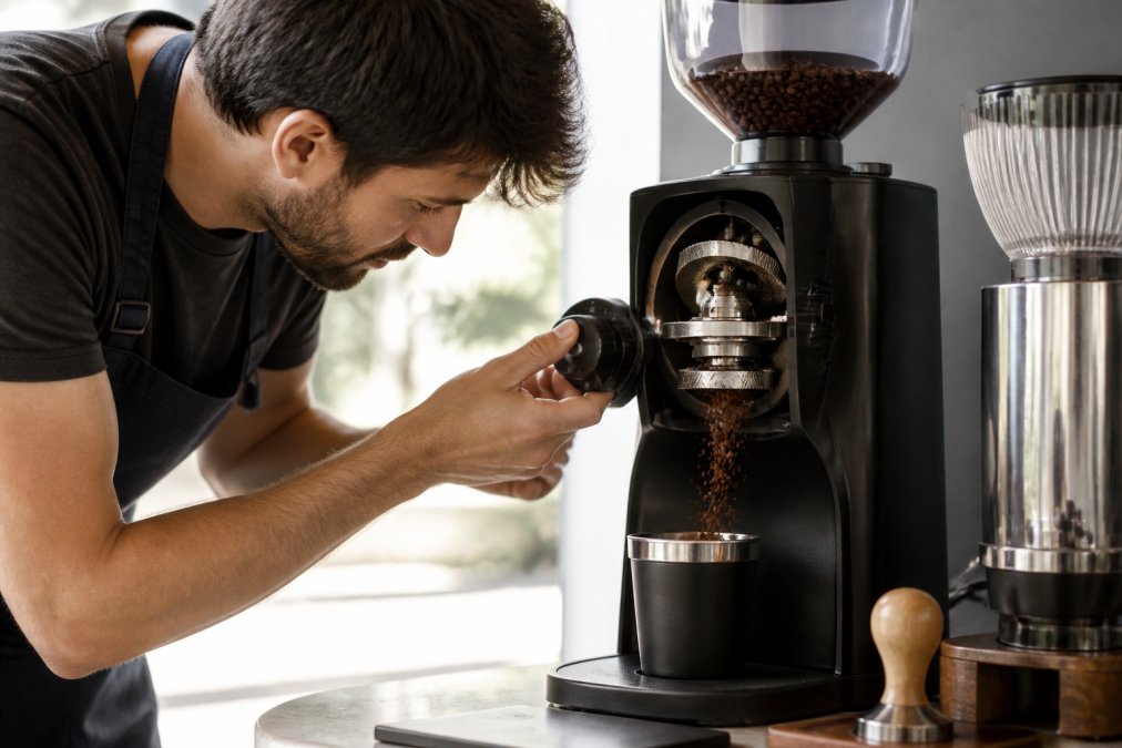 Professional barista adjusting burr settings on a precision espresso grinder with 64mm flat burrs visible, beans cascading through the grind path into a dosing cup, minimalist white background with natural morning light