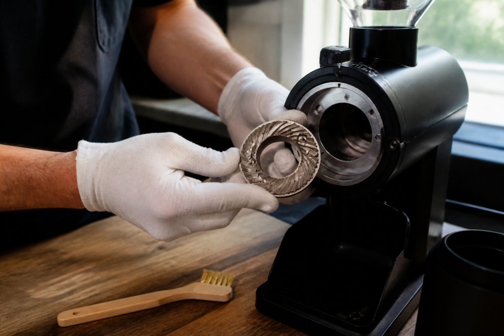 Hands wearing white cotton gloves carefully removing a flat burr set from a grinder chamber, soft brass brush nearby, burr chamber interior visible and clean, workspace lit by bright natural window light