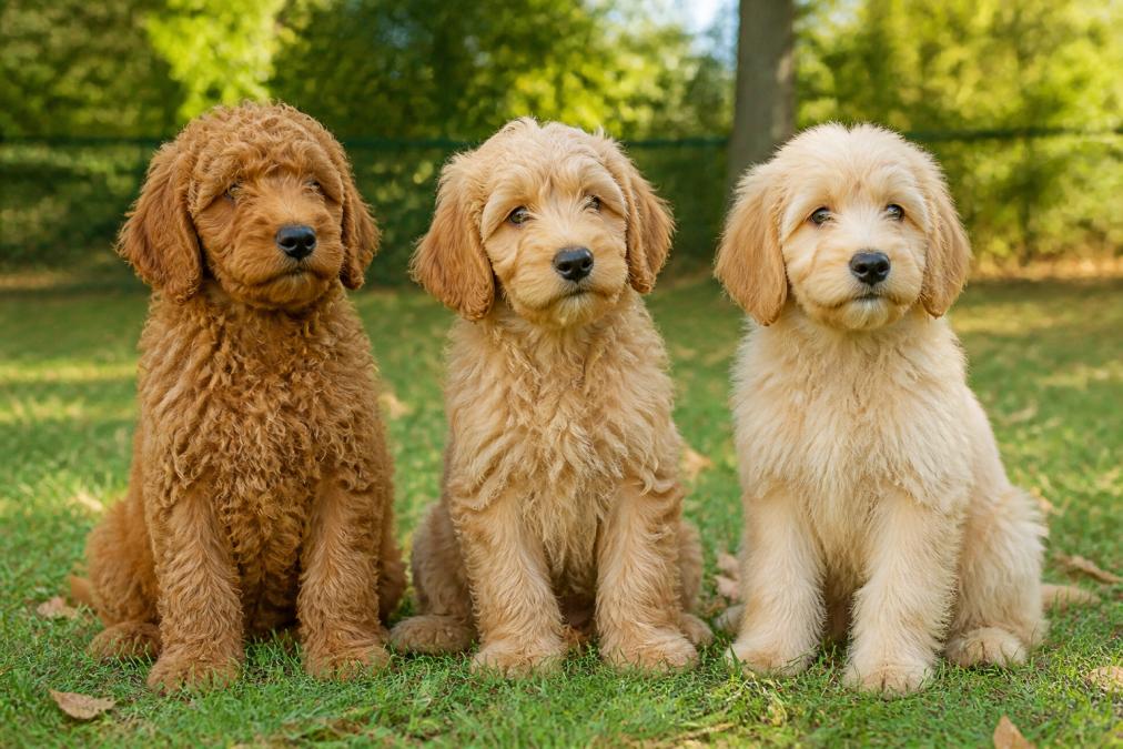 Three Goldendoodle puppies sitting together outdoors in natural sunlight, displaying distinctly different coat textures, one with tight curls, one with loose waves, and one with straighter, fluffier hair