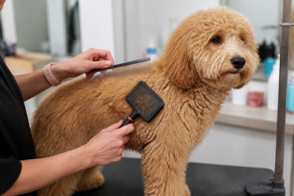 Hands of a professional groomer using a slicker brush and metal comb on a Goldendoodle puppy's coat, showing proper technique on the dog's back and shoulder area in a bright grooming salon