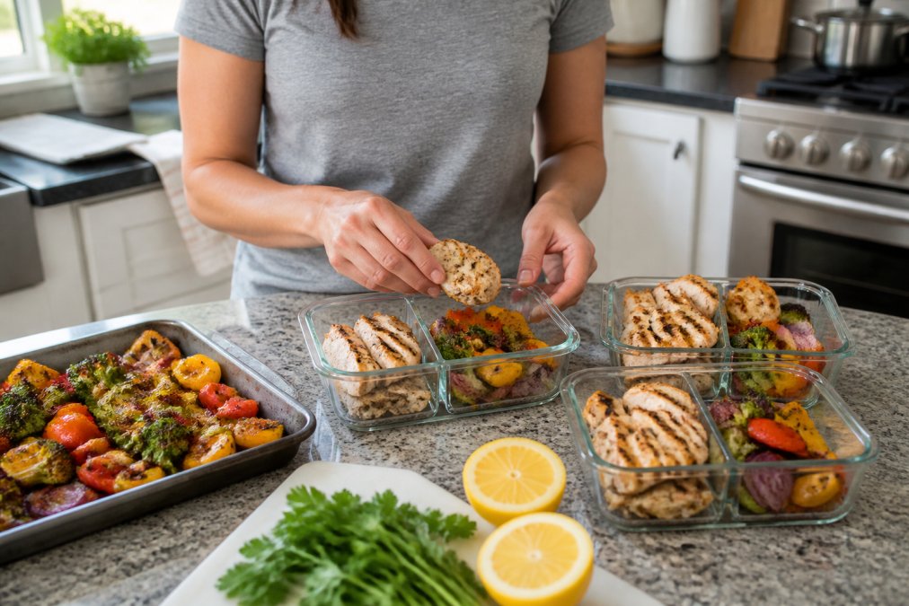 Home cook portioning grilled chicken and vegetables into containers for easy low sodium dinners