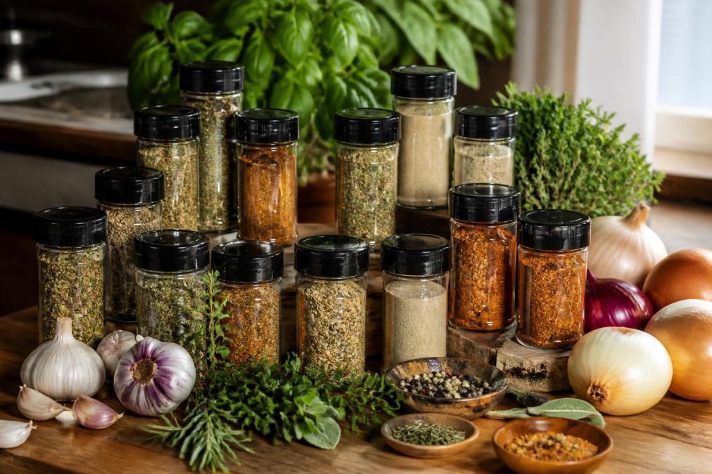 Overhead shot of various spice jars and seasoning containers arranged on a wooden kitchen counter with fresh herbs, garlic, and onions nearby