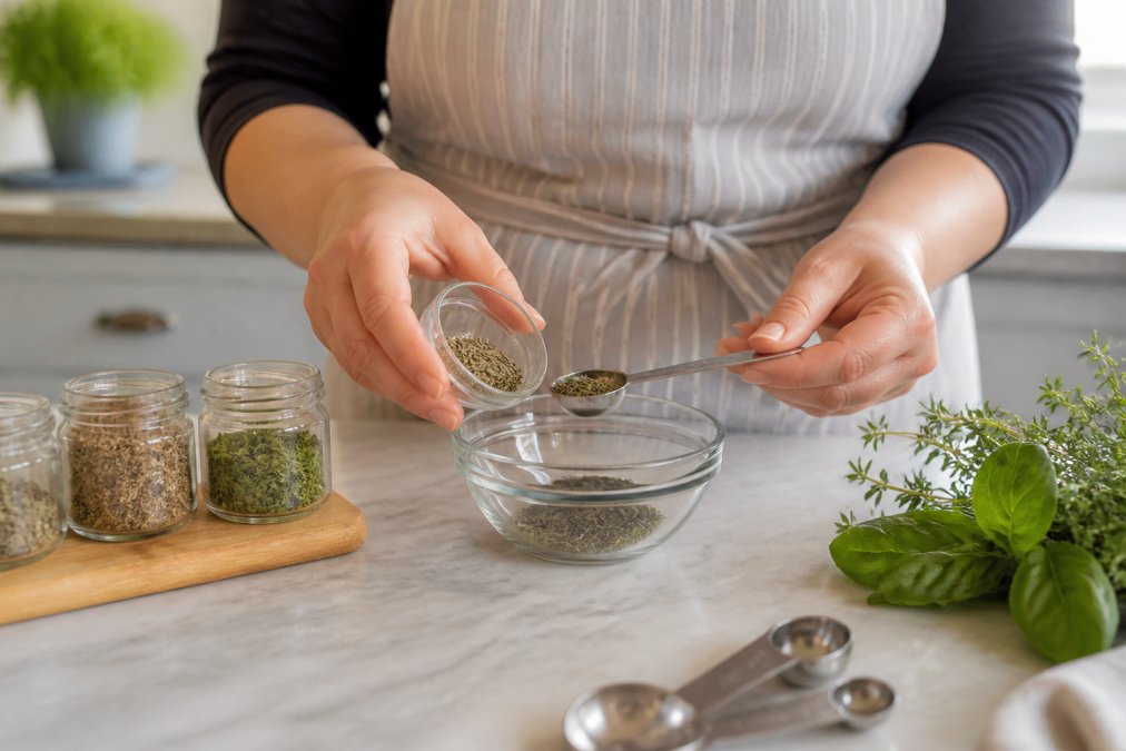 Hands measuring and mixing dried basil, oregano, and thyme in a small glass bowl in a bright kitchen, with ingredient containers and fresh herbs visible on the counter