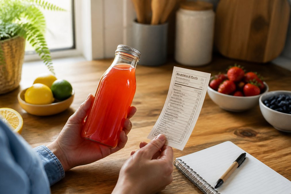Hands holding a fermented soda near a nutrition label to identify low sugar probiotic drinks on a kitchen counter.
