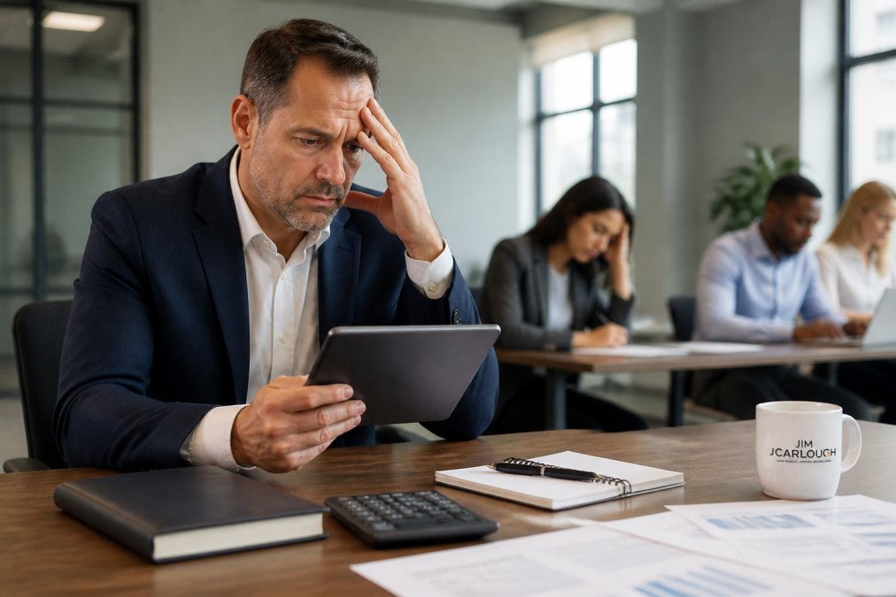 A manager looking concerned while reviewing performance metrics on a tablet, with a quiet, disengaged team working in the background of a modern office