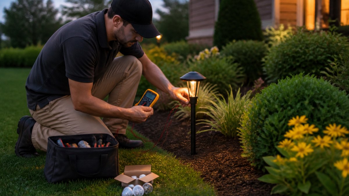 Technician testing a low-voltage lighting path light with a multimeter at dusk in a garden