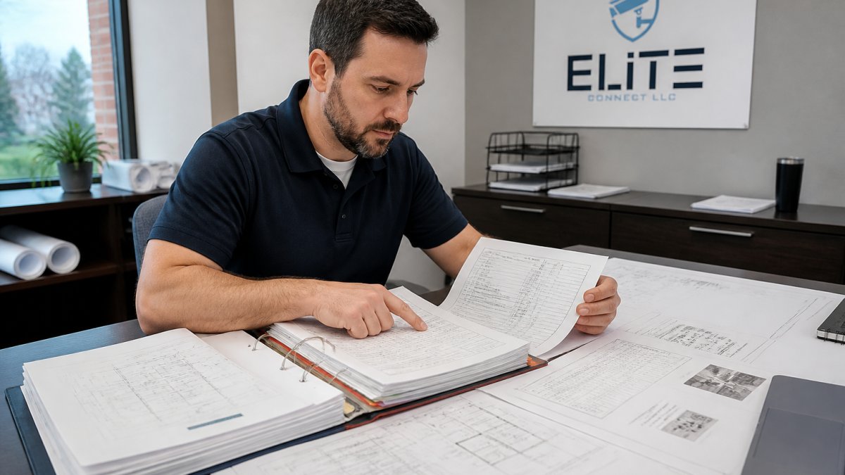 Professional reviewing a low voltage system design for multi-unit residential pricing proposal at a desk