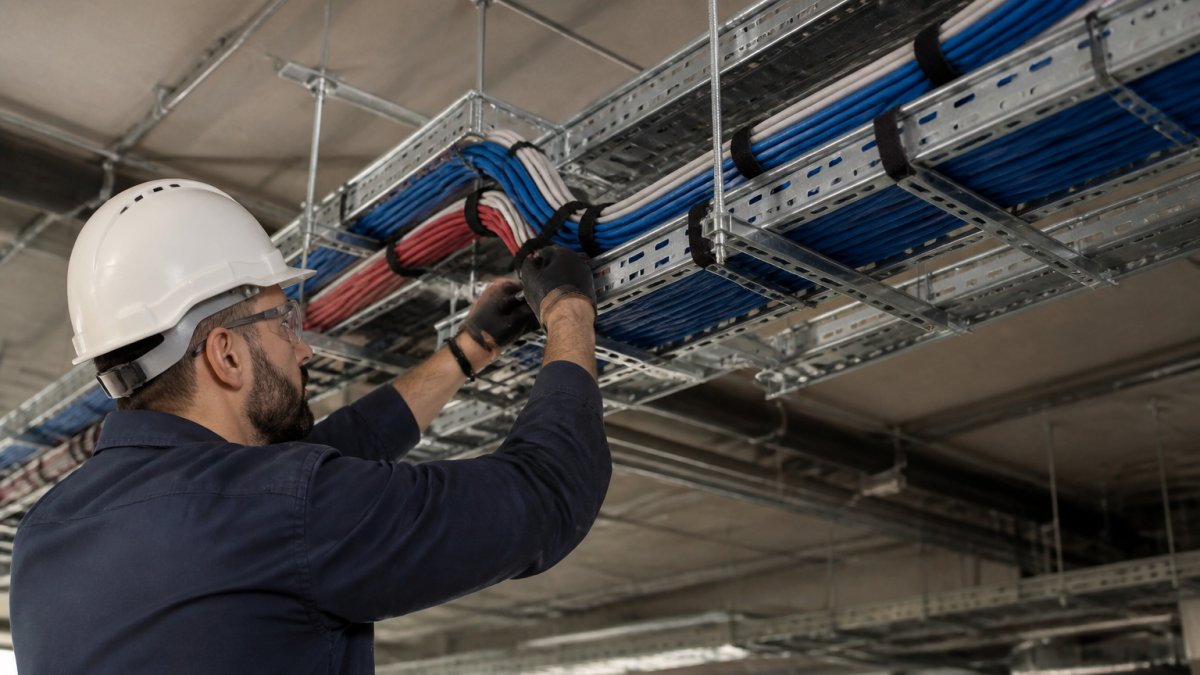 Professional technician installing low-voltage cabling through overhead cable trays in commercial building ceiling, carefully organizing network and security cables with proper separation and color-coded management