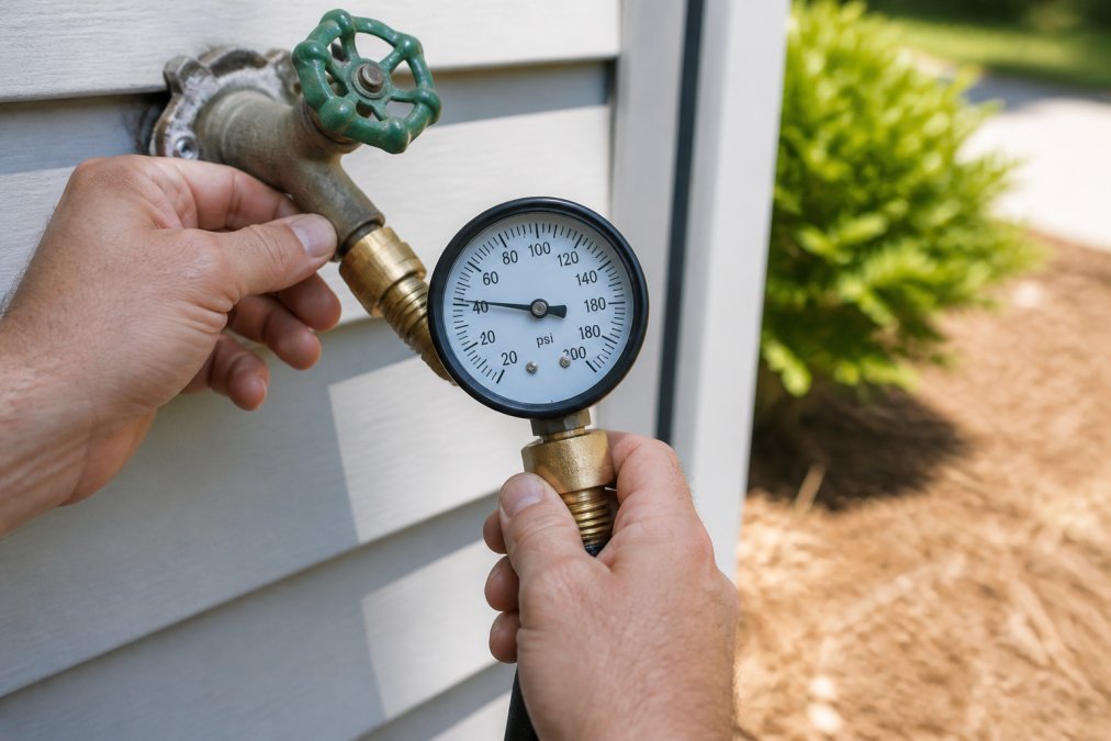 Homeowner's hands attaching a water pressure gauge to an outdoor spigot, the gauge face clearly visible showing PSI markings, morning sunlight illuminating the metal fixture