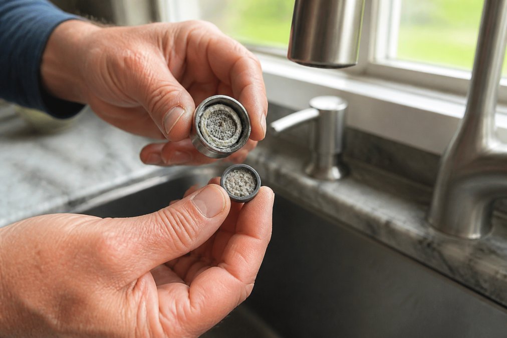 Homeowner's hands holding a disassembled faucet aerator over a sink, showing the fine mesh screen clogged with white mineral deposits and sediment, natural daylight from a window illuminating the debris