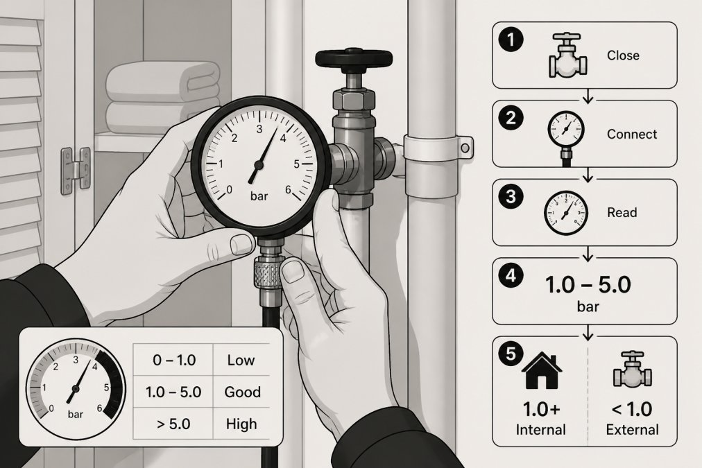 Close-up of hands holding a pressure gauge positioned against a stopcock valve in an airing cupboard, showing the measurement process with clear dial readings