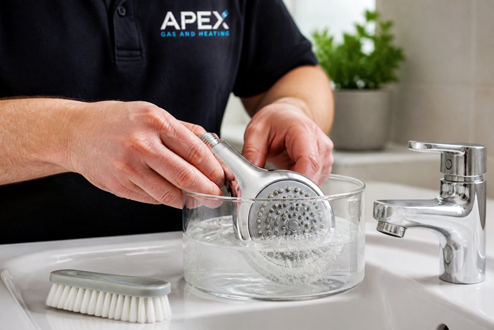 Hands removing a chrome shower head and soaking it in a clear glass container filled with white vinegar on a bathroom sink, with a soft-bristled brush nearby and natural bathroom lighting