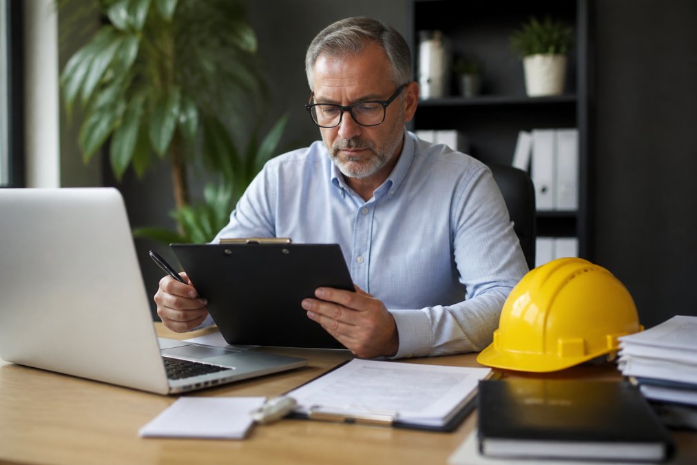Professional business owner reviewing safety documentation and risk assessment checklist at desk with clipboard, laptop, and safety protocol documents in natural office lighting