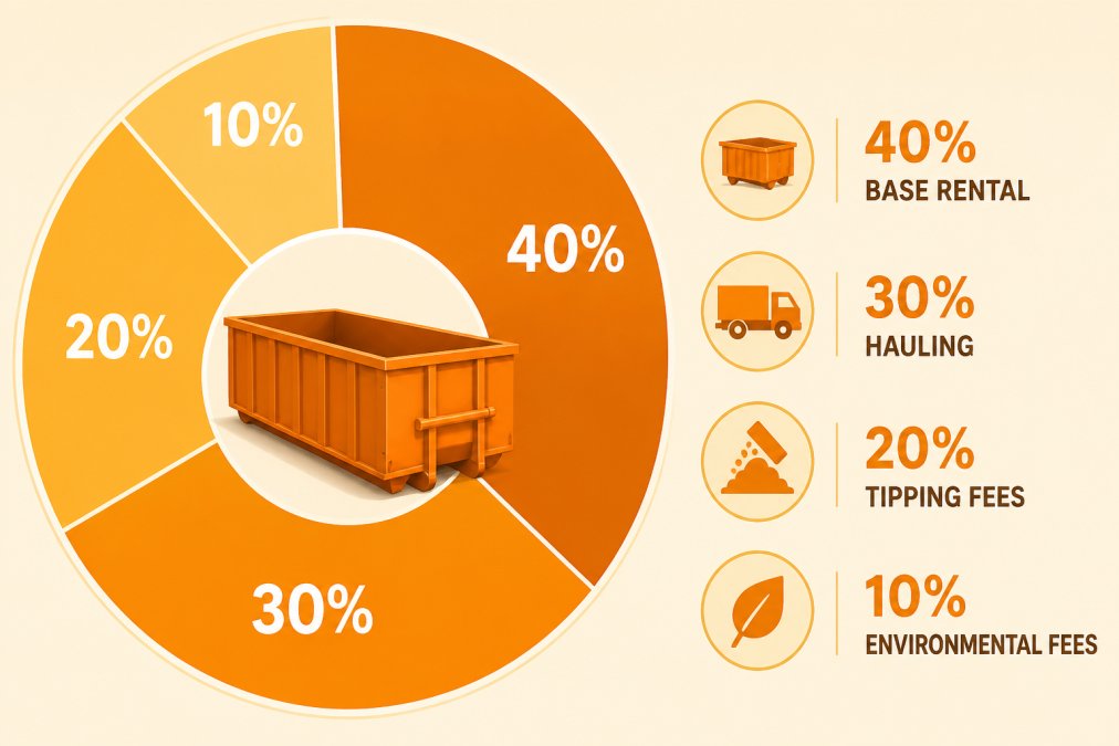 Pie chart breaking down components of a typical dumpster hauling bill: base rental 40%, hauling/transport 30%, tipping fees 20%, environmental fees 10%