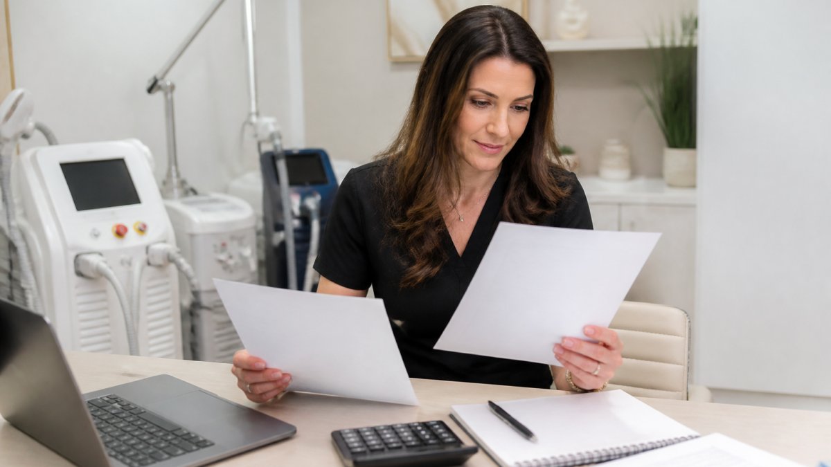 Clinic manager reviewing financing documents and equipment quotes at desk with laptop, calculator, and notepad in modern office setting
