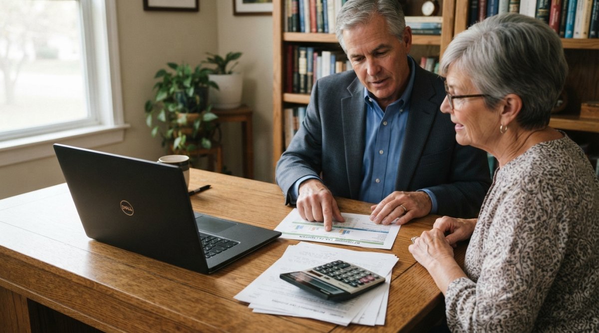 Financial advisor and retiree reviewing tax documents and retirement statements together at a desk with a laptop and calculator in a modern office with natural lighting
