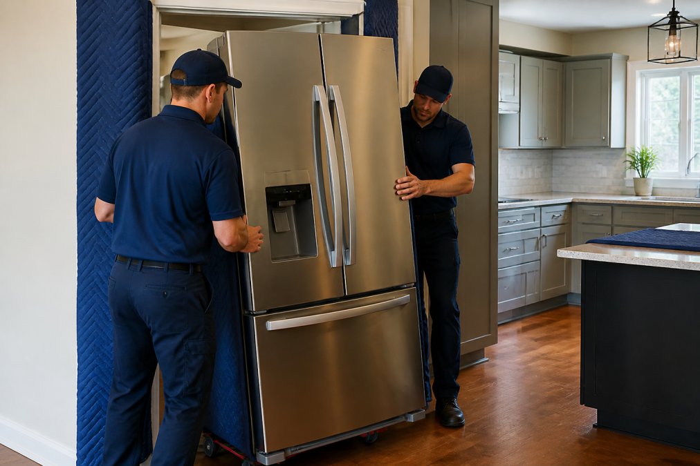 Professional delivery technicians carefully maneuvering a stainless steel refrigerator through a kitchen doorway while protecting the walls with padding, with cabinets and countertops visible in the background