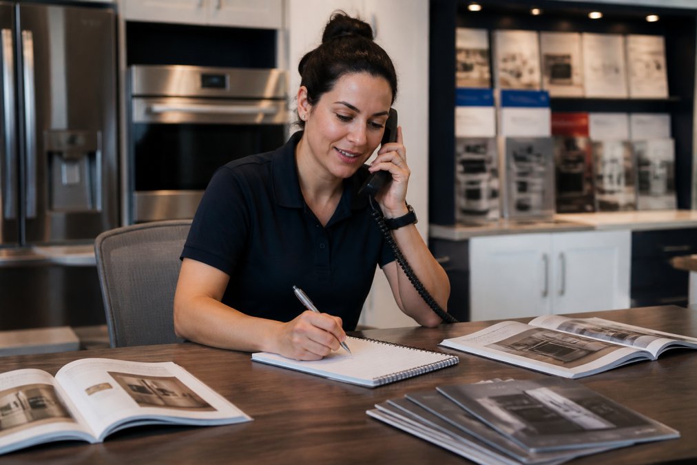Customer service representative sitting at a desk with a computer and appliance manual, attentively listening to a homeowner on a phone call while taking notes, with product catalogs visible in the background