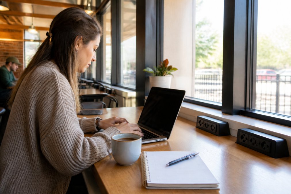 Remote worker at laptop with coffee and notebook at a bright cafe table with multiple power outlets visible and natural light streaming through windows