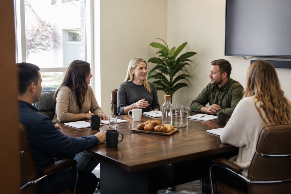 Small team of professionals gathered around a table in a modern, well-lit meeting room with comfortable seating and refreshments, conducting a business meeting