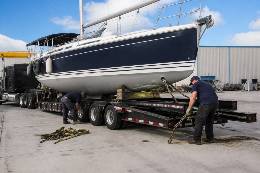 Professional boat transport crew securing a large recreational sailboat onto a specialized multi-axle trailer with rigging equipment, safety chains, and load bars visible in bright daylight
