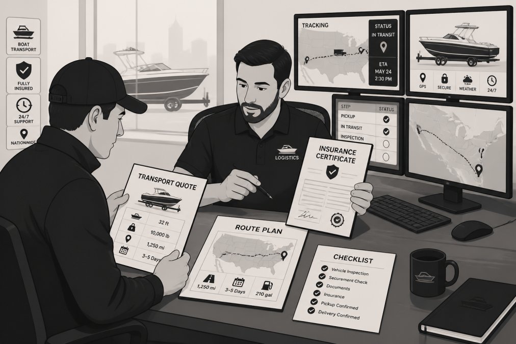 Boat owner reviewing detailed transport documentation, insurance certificates, and route planning paperwork with a logistics coordinator at a desk with multiple monitors showing tracking information in an office setting
