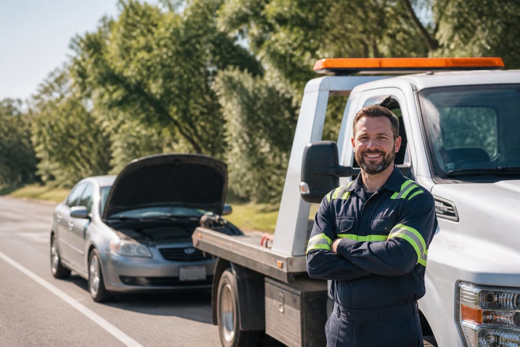 Professional towing truck with uniformed driver standing beside a disabled sedan on the roadside during daytime, demonstrating responsive emergency roadside assistance service