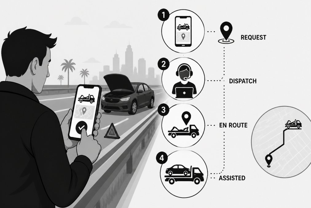 Driver on highway shoulder using smartphone to request roadside assistance through mobile app dispatch, showing modern technology-enabled emergency service request