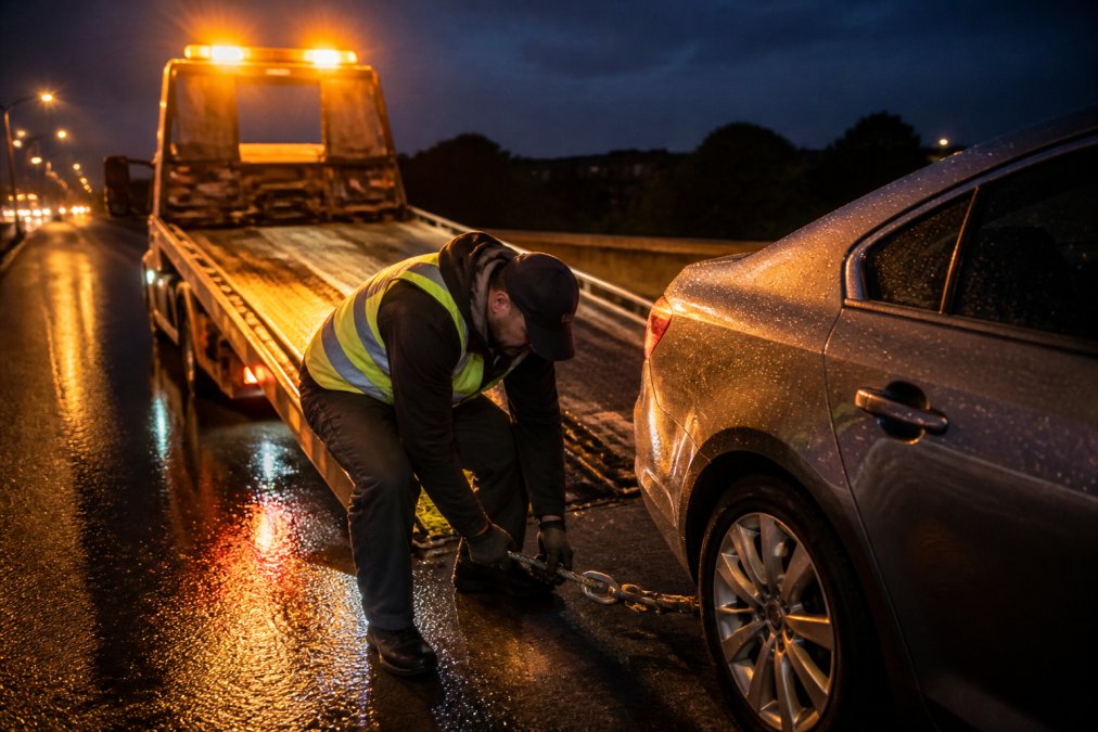 A tow truck operator in a reflective safety vest attaching a flatbed winch cable to a sedan on a rain-slicked roadside at night, amber warning lights glowing behind the truck