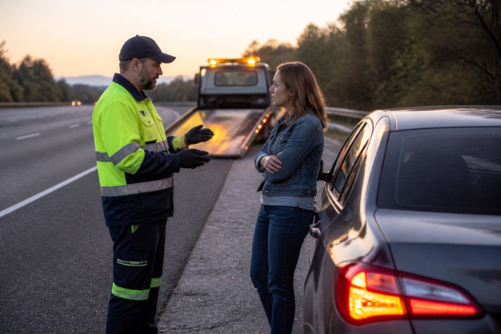 Professional tow truck operator in reflective uniform communicating with stranded driver beside sedan on highway shoulder at dusk, vehicle hazard lights flashing